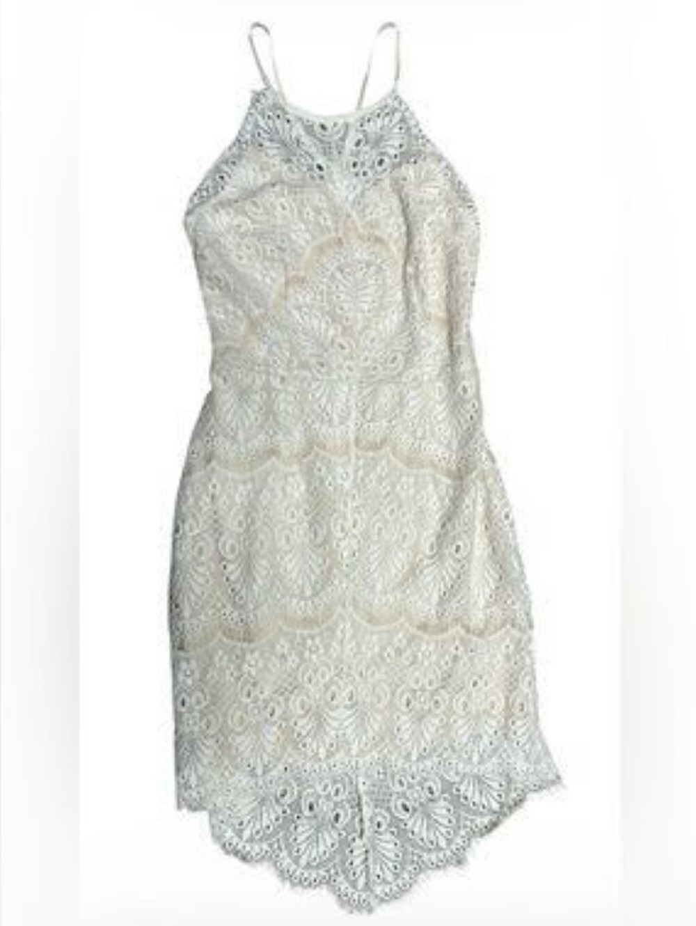 Soieblu White Delicate Guipure Lace Halter Strap Bridal Party Dress, Size M